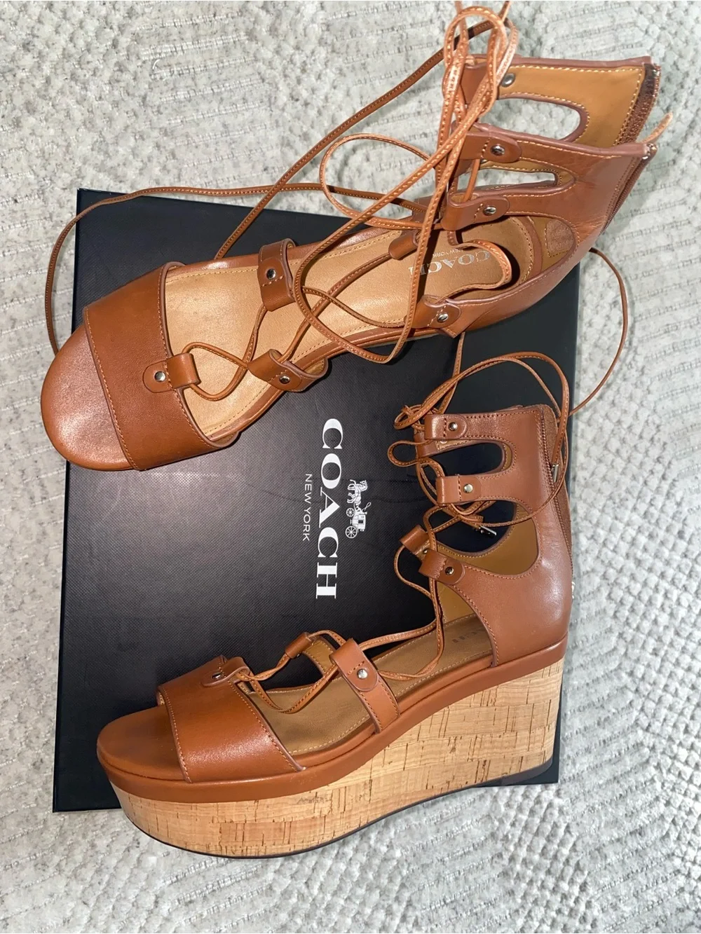 COACH Barkley Semi Matte Calf Lace-Up Wedge Sandal